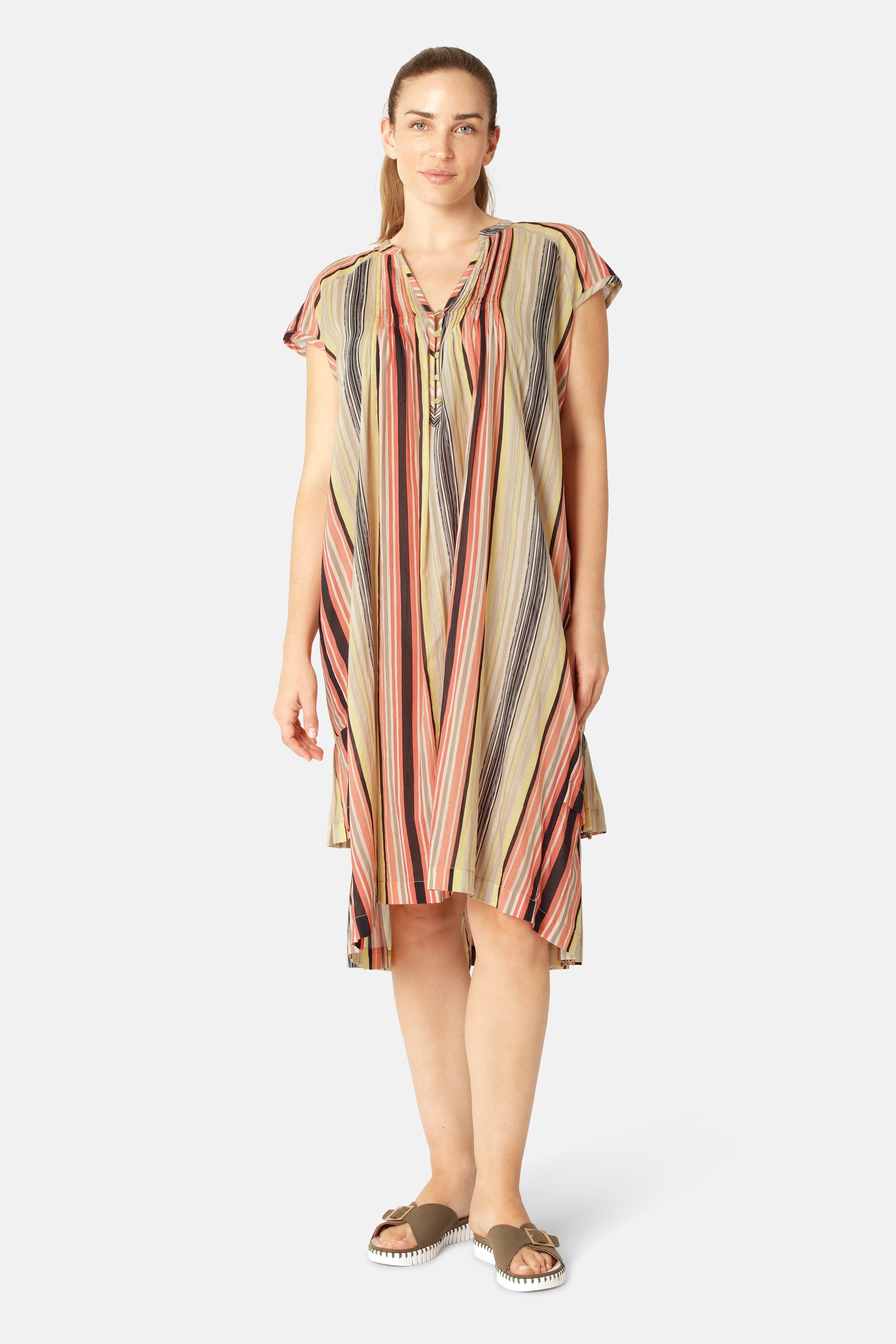 Short Sleeve Long Dress Pintuck - Red Organic Stripe